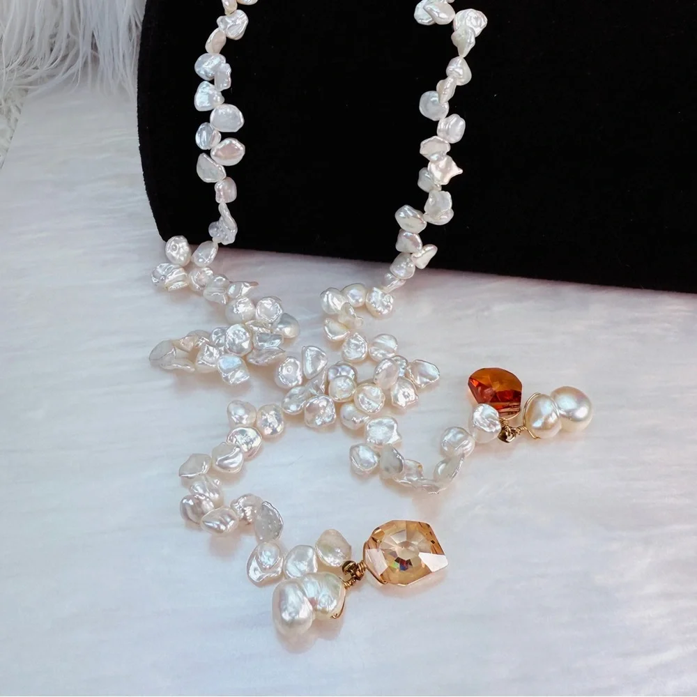 Vintage Freshwater Pearl Crystal Lariat Necklace